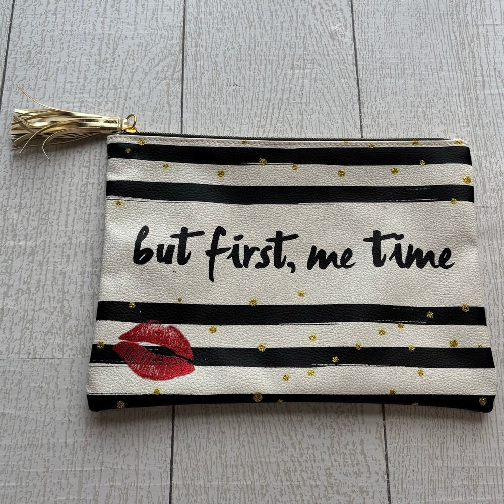 Black & White Striped Makeup Bag with Gold Dots NWOT